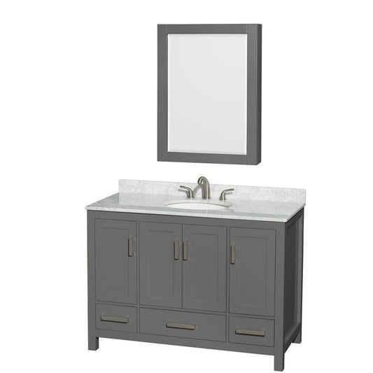 Wyndham Collection Sheffield 48" Single Bathroom Vanity in Dark Gray, White Carrara Marble Countertop, Undermount Oval Sink, and Medicine Cabinet