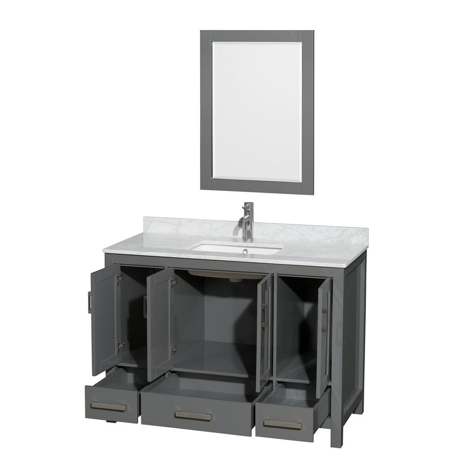 Wyndham Collection Sheffield 48" Single Bathroom Vanity in Dark Gray, White Carrara Marble Countertop, Undermount Square Sink, and 24" Mirror