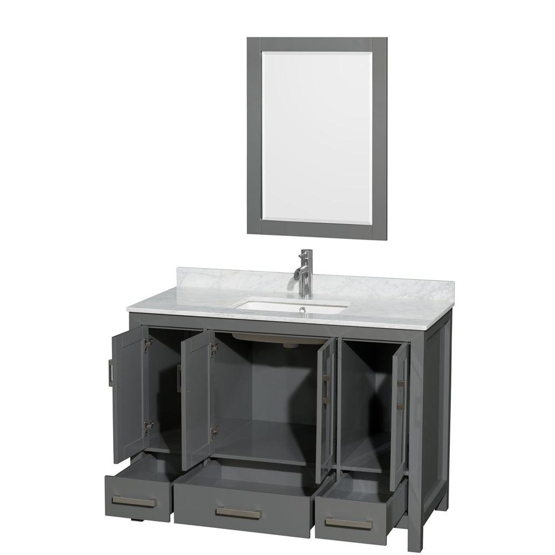 Wyndham Collection Sheffield 48" Single Bathroom Vanity in Dark Gray, White Carrara Marble Countertop, Undermount Square Sink, and 24" Mirror