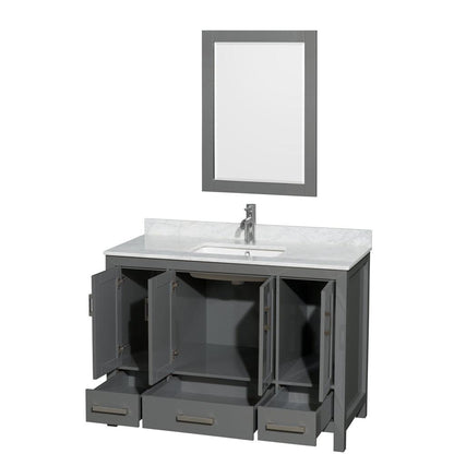 Wyndham Collection Sheffield 48" Single Bathroom Vanity in Dark Gray, White Carrara Marble Countertop, Undermount Square Sink, and 24" Mirror