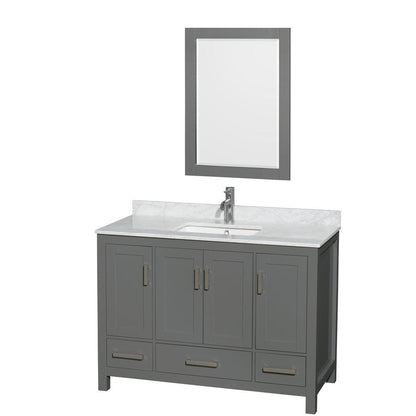 Wyndham Collection Sheffield 48" Single Bathroom Vanity in Dark Gray, White Carrara Marble Countertop, Undermount Square Sink, and 24" Mirror