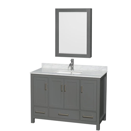 Wyndham Collection Sheffield 48" Single Bathroom Vanity in Dark Gray, White Carrara Marble Countertop, Undermount Square Sink, and Medicine Cabinet