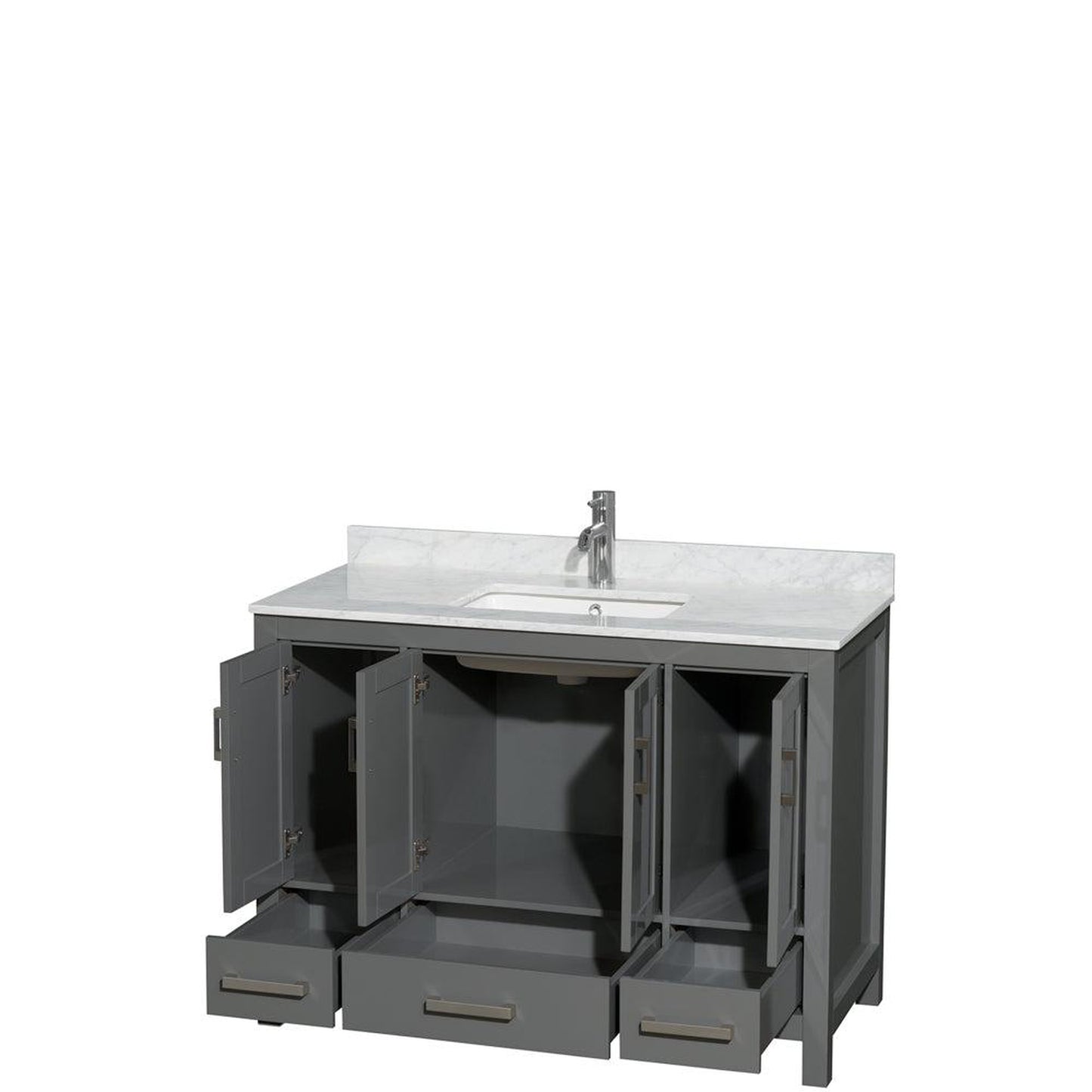 Wyndham Collection Sheffield 48" Single Bathroom Vanity in Dark Gray, White Carrara Marble Countertop, Undermount Square Sink, and No Mirror