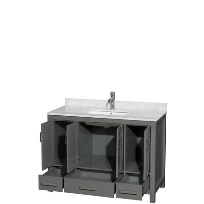 Wyndham Collection Sheffield 48" Single Bathroom Vanity in Dark Gray, White Carrara Marble Countertop, Undermount Square Sink, and No Mirror