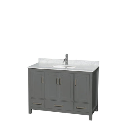 Wyndham Collection Sheffield 48" Single Bathroom Vanity in Dark Gray, White Carrara Marble Countertop, Undermount Square Sink, and No Mirror
