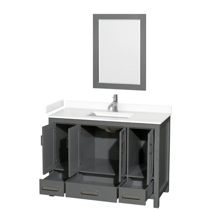 Wyndham Collection Sheffield 48" Single Bathroom Vanity in Dark Gray, White Cultured Marble Countertop, Undermount Square Sink, 24" Mirror