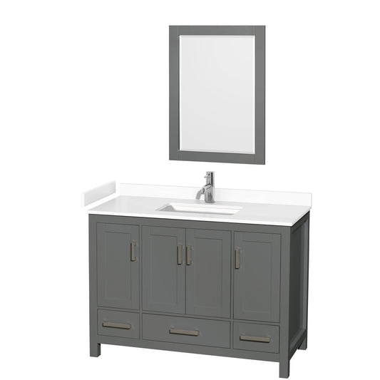 Wyndham Collection Sheffield 48" Single Bathroom Vanity in Dark Gray, White Cultured Marble Countertop, Undermount Square Sink, 24" Mirror