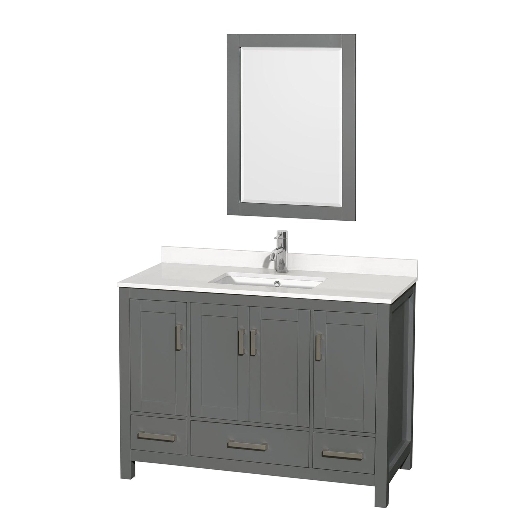 Wyndham Collection Sheffield 48" Single Bathroom Vanity in Dark Gray, White Quartz Countertop, Undermount Square Sink, 24" Mirror