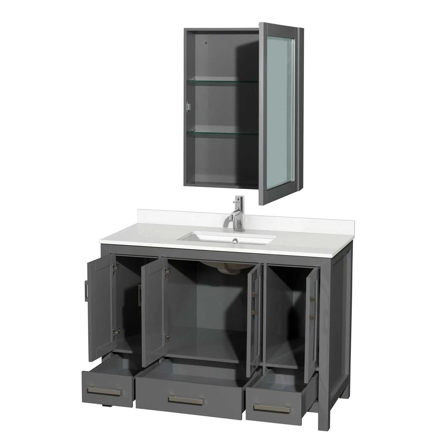 Wyndham Collection Sheffield 48" Single Bathroom Vanity in Dark Gray, White Quartz Countertop, Undermount Square Sink, Medicine Cabinet