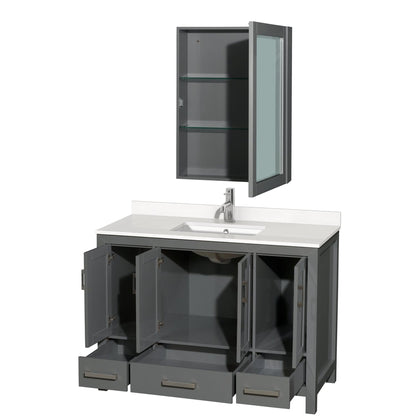 Wyndham Collection Sheffield 48" Single Bathroom Vanity in Dark Gray, White Quartz Countertop, Undermount Square Sink, Medicine Cabinet
