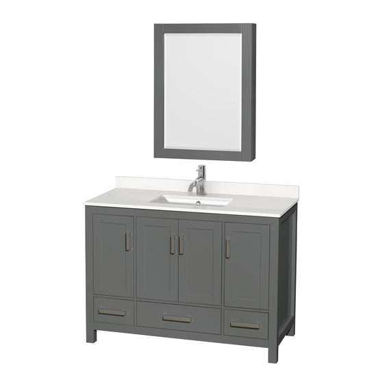 Wyndham Collection Sheffield 48" Single Bathroom Vanity in Dark Gray, White Quartz Countertop, Undermount Square Sink, Medicine Cabinet