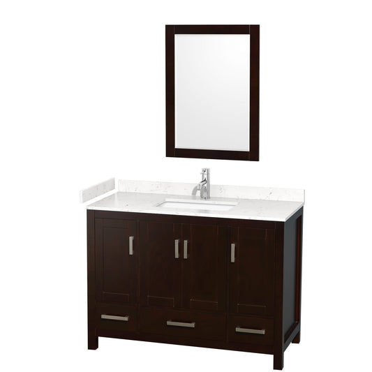 Wyndham Collection Sheffield 48" Single Bathroom Vanity in Espresso, Carrara Cultured Marble Countertop, Undermount Square Sink, 24" Mirror