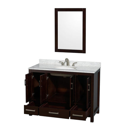 Wyndham Collection Sheffield 48" Single Bathroom Vanity in Espresso, White Carrara Marble Countertop, Undermount Oval Sink, and 24" Mirror