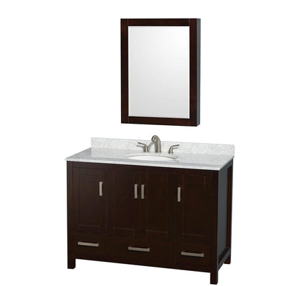 Wyndham Collection Sheffield 48" Single Bathroom Vanity in Espresso, White Carrara Marble Countertop, Undermount Oval Sink, and Medicine Cabinet