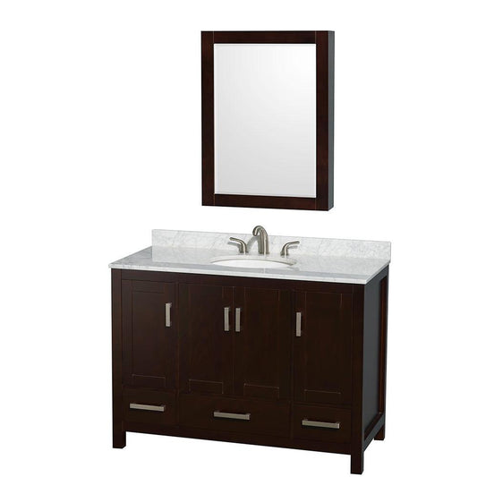 Wyndham Collection Sheffield 48" Single Bathroom Vanity in Espresso, White Carrara Marble Countertop, Undermount Oval Sink, and Medicine Cabinet