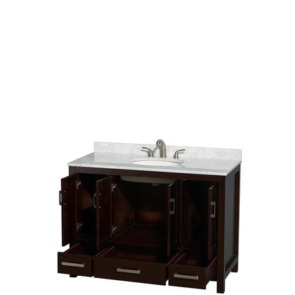 Wyndham Collection Sheffield 48" Single Bathroom Vanity in Espresso, White Carrara Marble Countertop, Undermount Oval Sink, and No Mirror