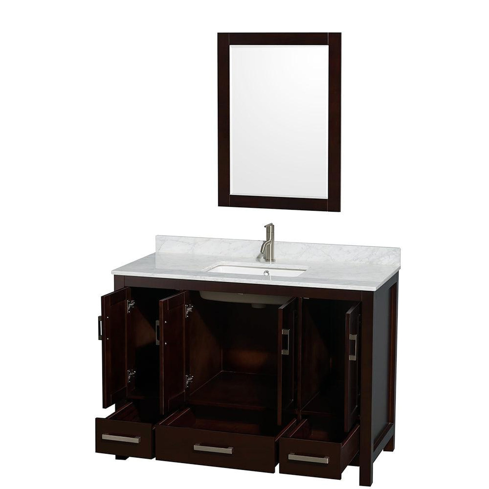Wyndham Collection Sheffield 48" Single Bathroom Vanity in Espresso, White Carrara Marble Countertop, Undermount Square Sink, and 24" Mirror