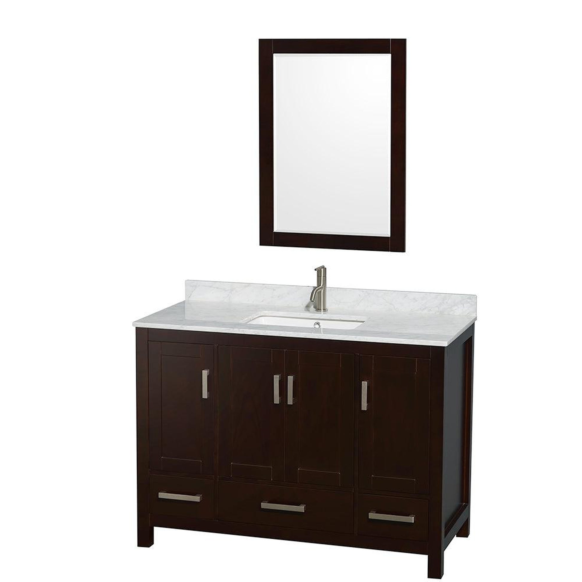 Wyndham Collection Sheffield 48" Single Bathroom Vanity in Espresso, White Carrara Marble Countertop, Undermount Square Sink, and 24" Mirror