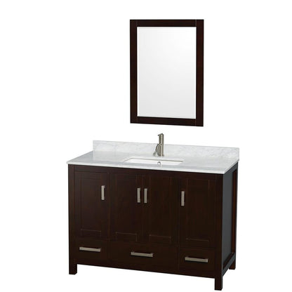 Wyndham Collection Sheffield 48" Single Bathroom Vanity in Espresso, White Carrara Marble Countertop, Undermount Square Sink, and 24" Mirror