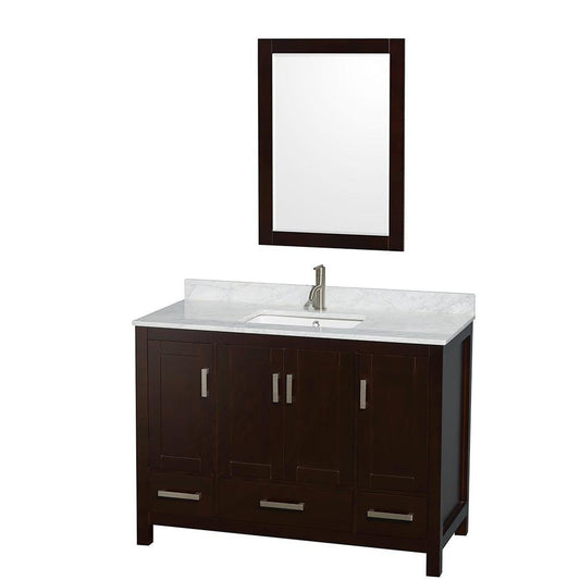 Wyndham Collection Sheffield 48" Single Bathroom Vanity in Espresso, White Carrara Marble Countertop, Undermount Square Sink, and 24" Mirror