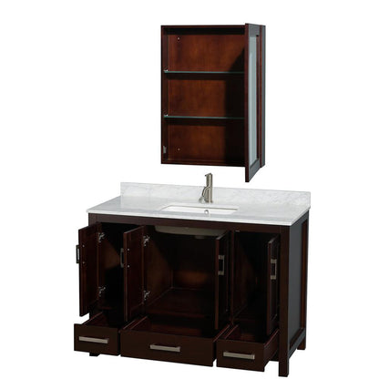 Wyndham Collection Sheffield 48" Single Bathroom Vanity in Espresso, White Carrara Marble Countertop, Undermount Square Sink, and Medicine Cabinet