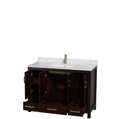 Wyndham Collection Sheffield 48" Single Bathroom Vanity in Espresso, White Carrara Marble Countertop, Undermount Square Sink, and No Mirror