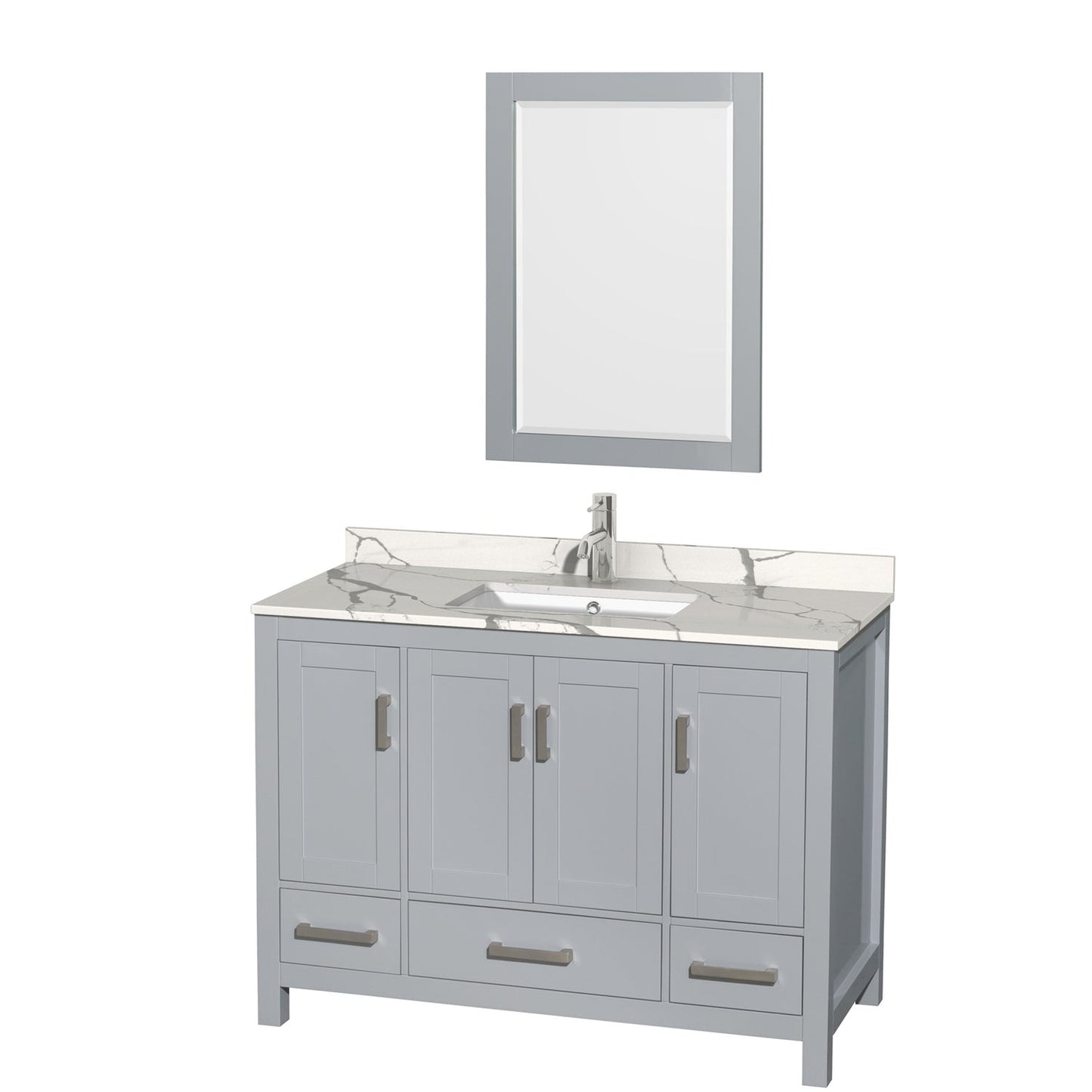 Wyndham Collection Sheffield 48" Single Bathroom Vanity in Gray, Calacatta Quartz Countertop, Undermount Square Sink, 24" Mirror