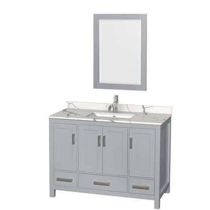 Wyndham Collection Sheffield 48" Single Bathroom Vanity in Gray, Calacatta Quartz Countertop, Undermount Square Sink, 24" Mirror