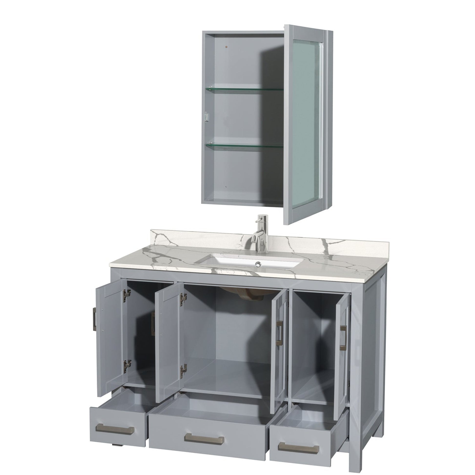 Wyndham Collection Sheffield 48" Single Bathroom Vanity in Gray, Calacatta Quartz Countertop, Undermount Square Sink, Medicine Cabinet
