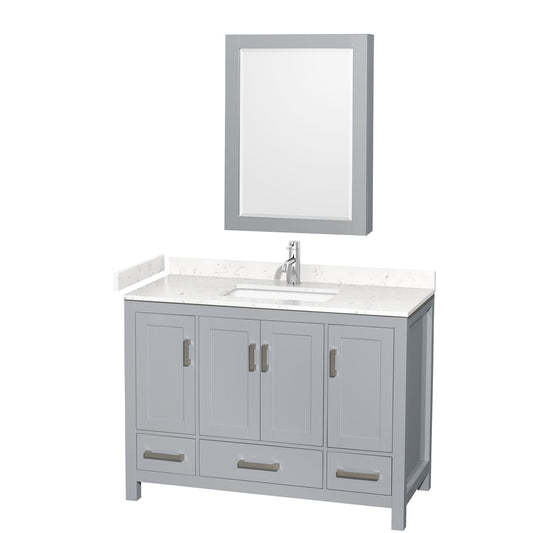 Wyndham Collection Sheffield 48" Single Bathroom Vanity in Gray, Carrara Cultured Marble Countertop, Undermount Square Sink, Medicine Cabinet