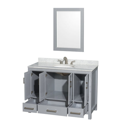 Wyndham Collection Sheffield 48" Single Bathroom Vanity in Gray, White Carrara Marble Countertop, Undermount Oval Sink, and 24" Mirror