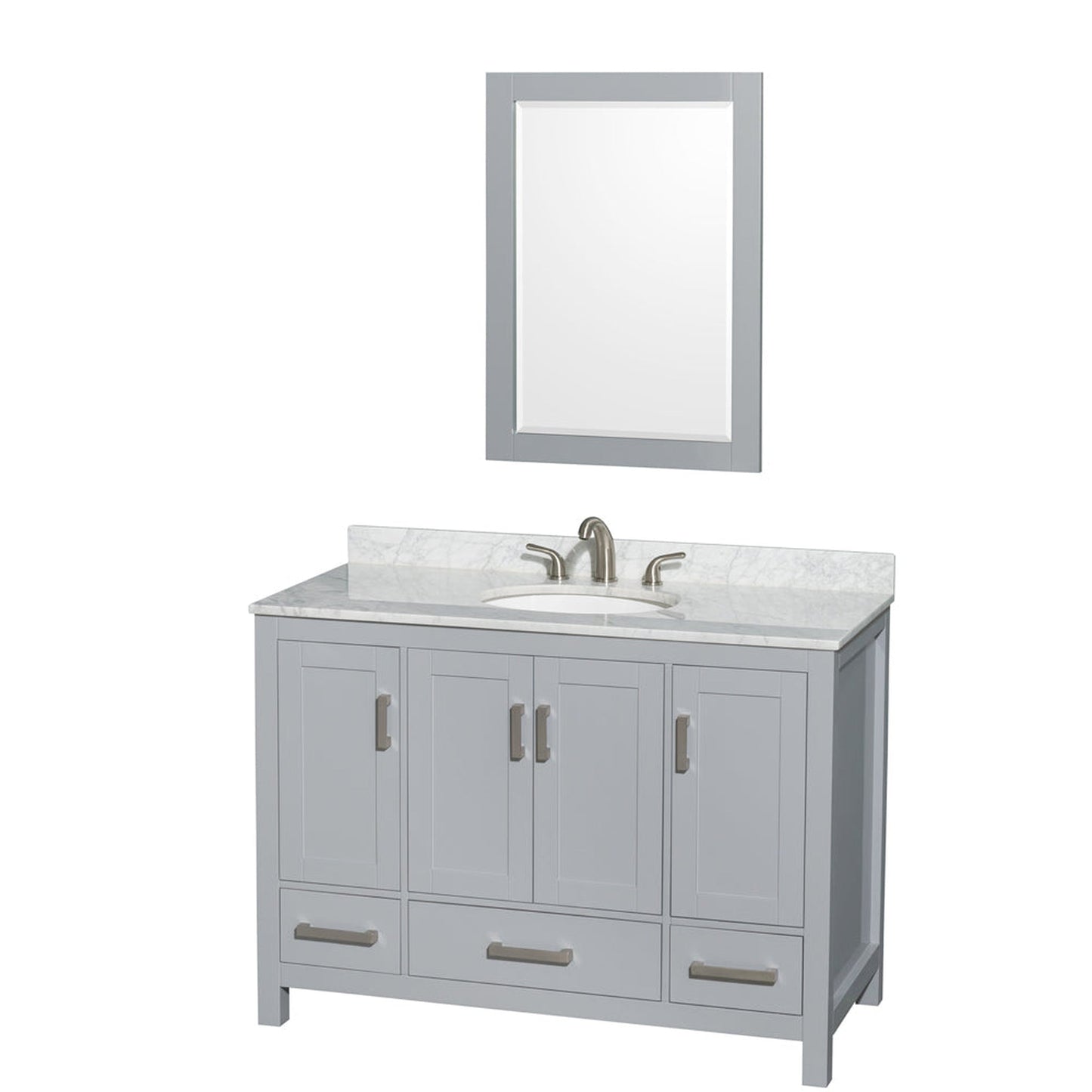 Wyndham Collection Sheffield 48" Single Bathroom Vanity in Gray, White Carrara Marble Countertop, Undermount Oval Sink, and 24" Mirror