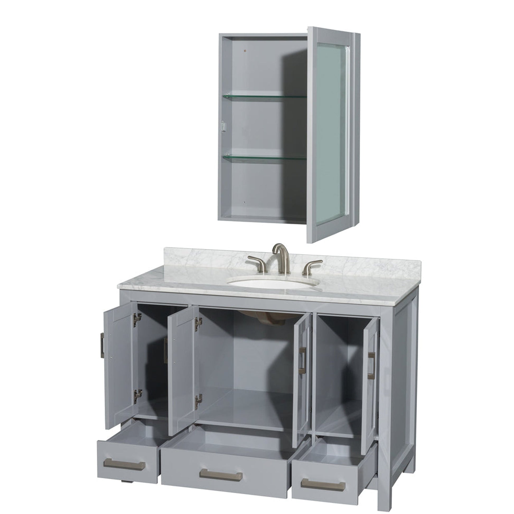 Wyndham Collection Sheffield 48" Single Bathroom Vanity in Gray, White Carrara Marble Countertop, Undermount Oval Sink, and Medicine Cabinet