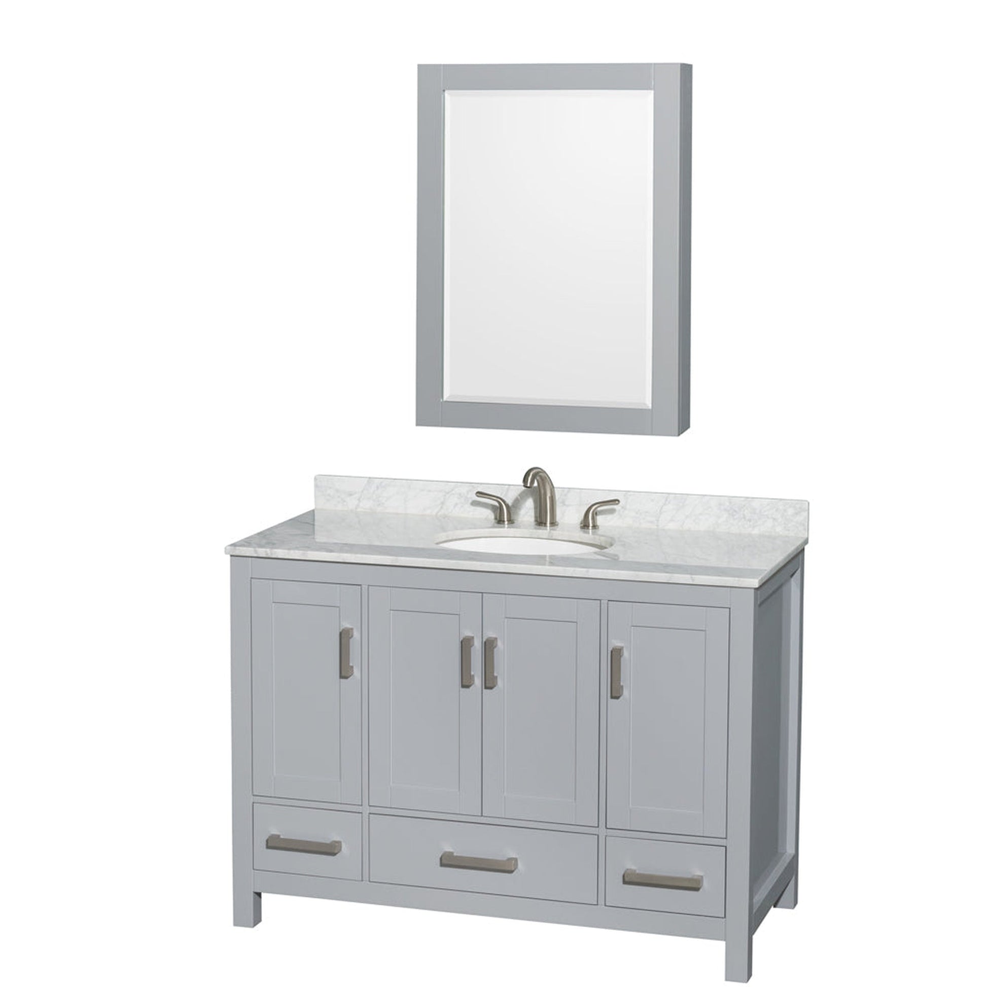 Wyndham Collection Sheffield 48" Single Bathroom Vanity in Gray, White Carrara Marble Countertop, Undermount Oval Sink, and Medicine Cabinet