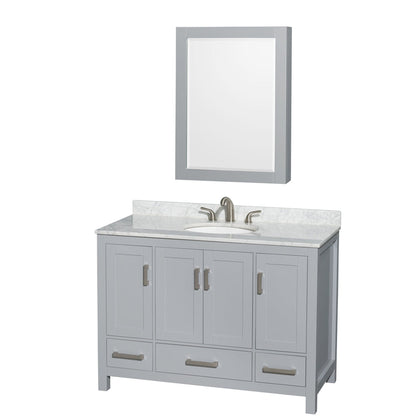 Wyndham Collection Sheffield 48" Single Bathroom Vanity in Gray, White Carrara Marble Countertop, Undermount Oval Sink, and Medicine Cabinet