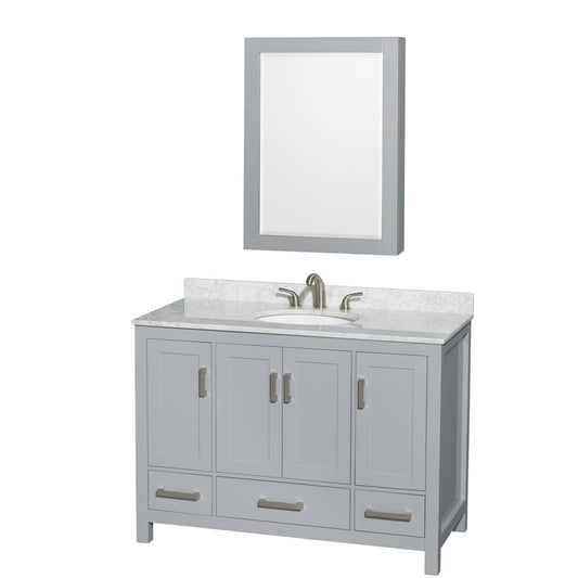 Wyndham Collection Sheffield 48" Single Bathroom Vanity in Gray, White Carrara Marble Countertop, Undermount Oval Sink, and Medicine Cabinet