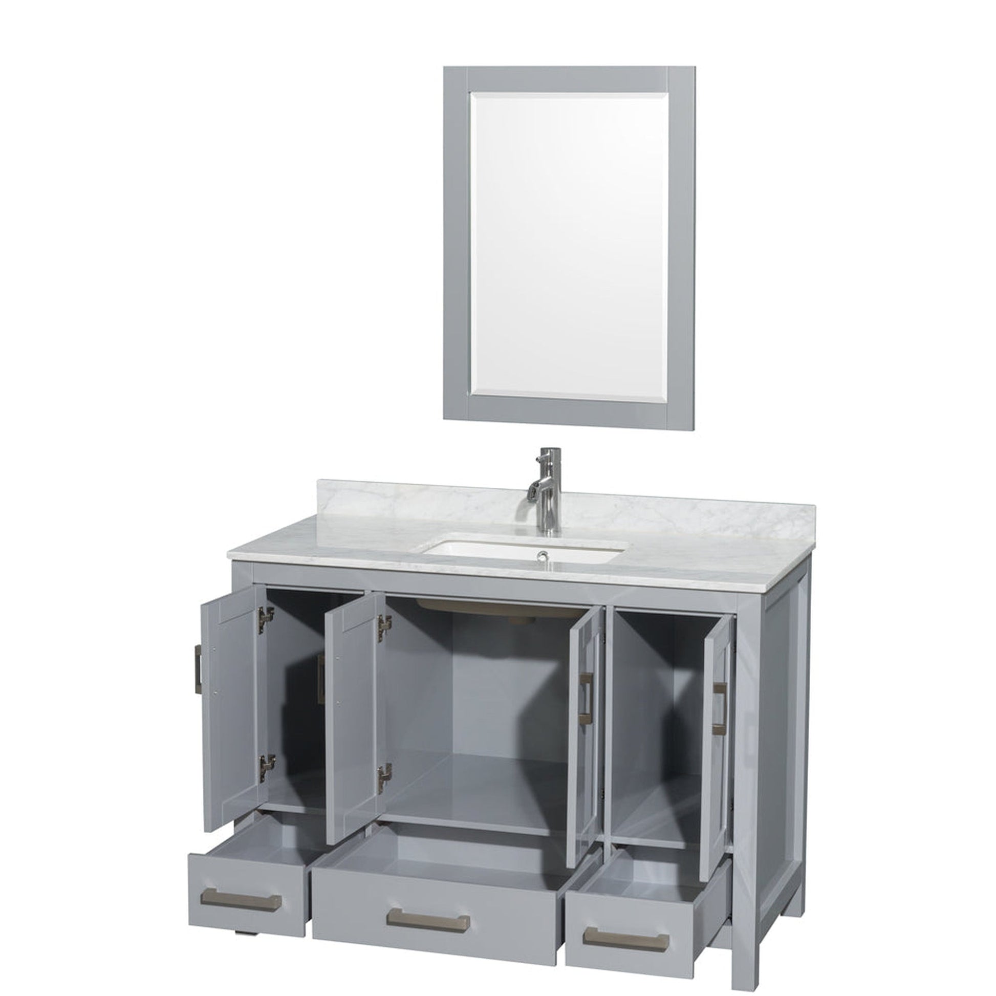 Wyndham Collection Sheffield 48" Single Bathroom Vanity in Gray, White Carrara Marble Countertop, Undermount Square Sink, and 24" Mirror
