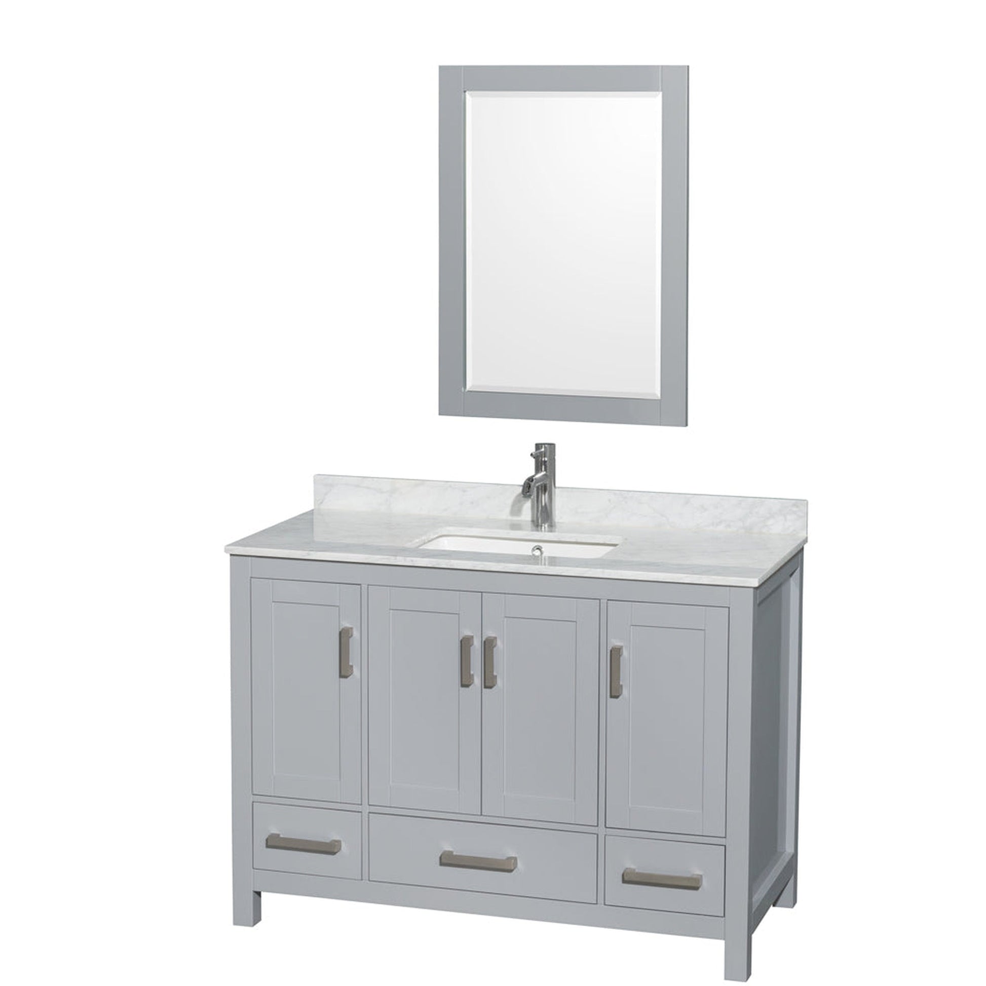 Wyndham Collection Sheffield 48" Single Bathroom Vanity in Gray, White Carrara Marble Countertop, Undermount Square Sink, and 24" Mirror