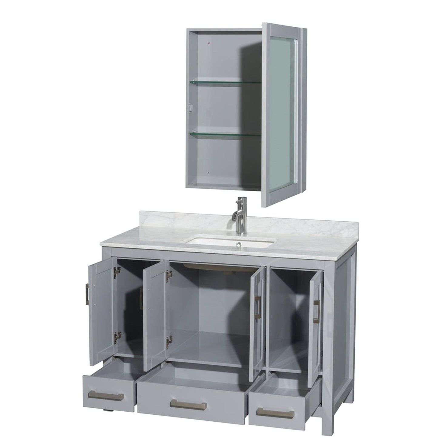 Wyndham Collection Sheffield 48" Single Bathroom Vanity in Gray, White Carrara Marble Countertop, Undermount Square Sink, and Medicine Cabinet