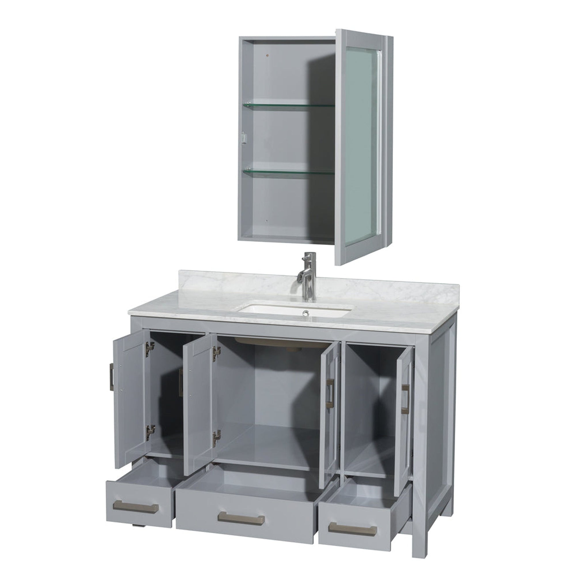 Wyndham Collection Sheffield 48" Single Bathroom Vanity in Gray, White Carrara Marble Countertop, Undermount Square Sink, and Medicine Cabinet