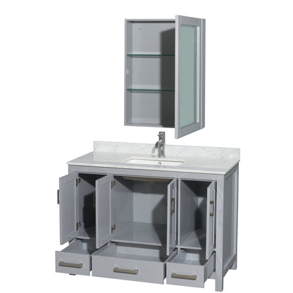 Wyndham Collection Sheffield 48" Single Bathroom Vanity in Gray, White Carrara Marble Countertop, Undermount Square Sink, and Medicine Cabinet