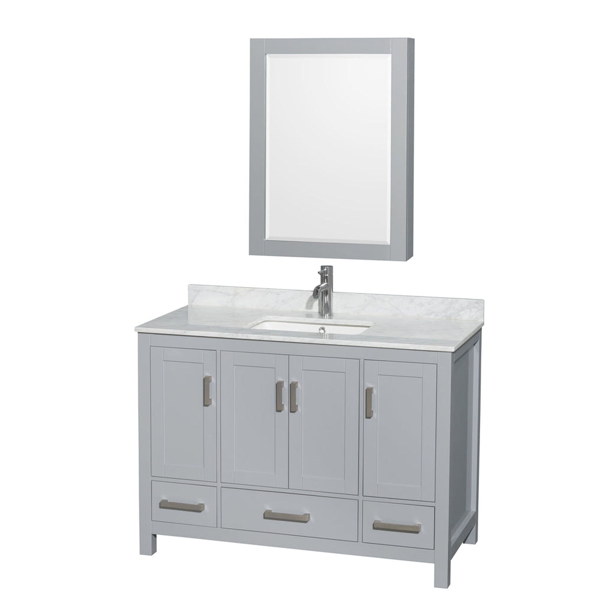 Wyndham Collection Sheffield 48" Single Bathroom Vanity in Gray, White Carrara Marble Countertop, Undermount Square Sink, and Medicine Cabinet