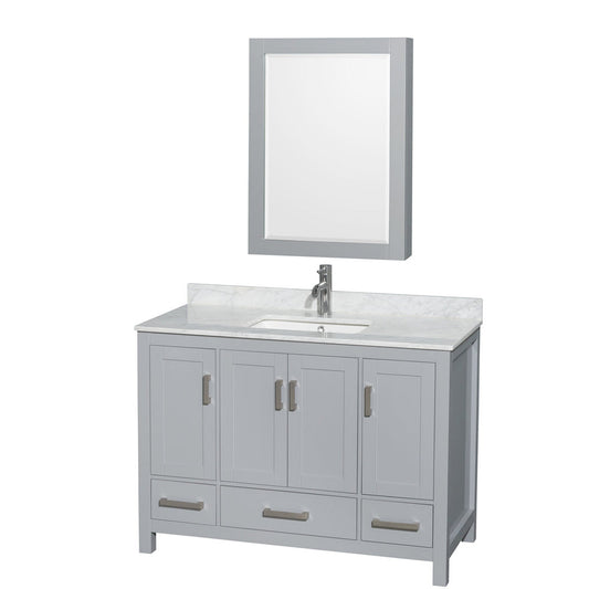 Wyndham Collection Sheffield 48" Single Bathroom Vanity in Gray, White Carrara Marble Countertop, Undermount Square Sink, and Medicine Cabinet