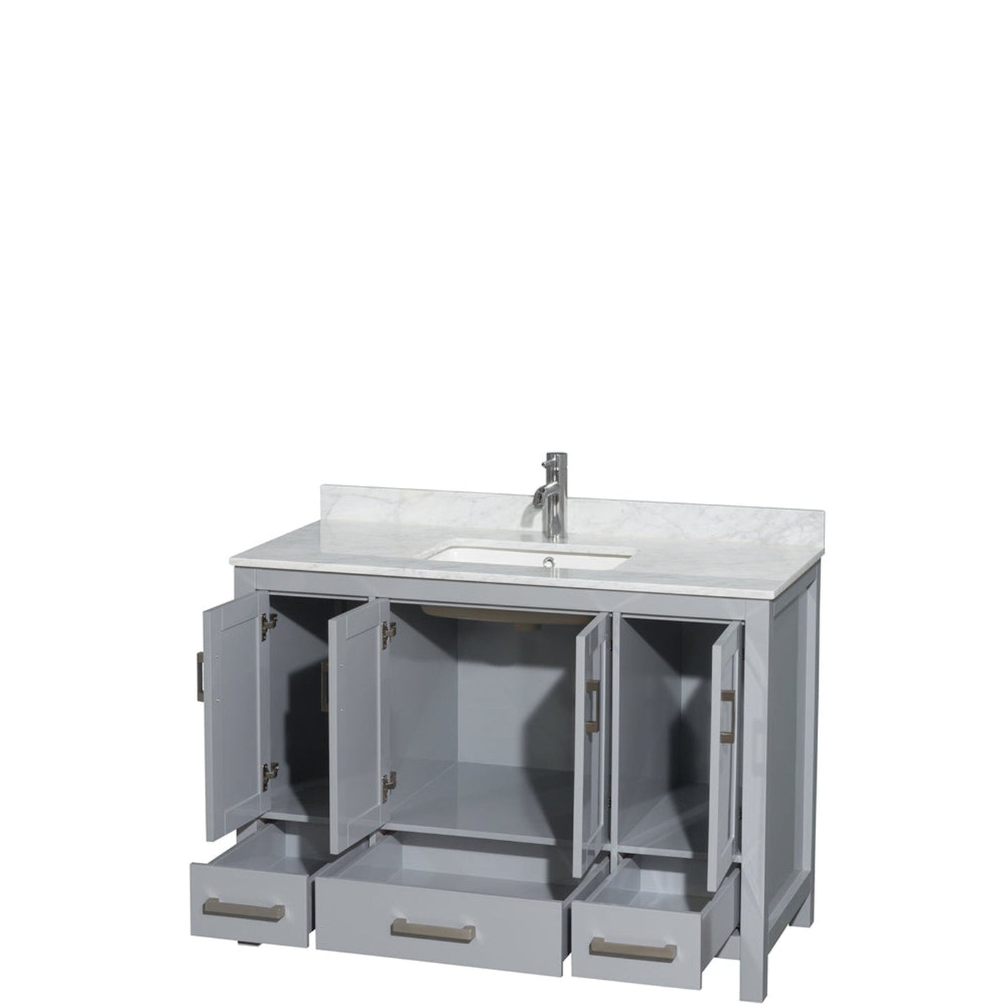Wyndham Collection Sheffield 48" Single Bathroom Vanity in Gray, White Carrara Marble Countertop, Undermount Square Sink, and No Mirror