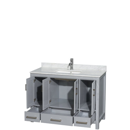 Wyndham Collection Sheffield 48" Single Bathroom Vanity in Gray, White Carrara Marble Countertop, Undermount Square Sink, and No Mirror