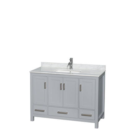Wyndham Collection Sheffield 48" Single Bathroom Vanity in Gray, White Carrara Marble Countertop, Undermount Square Sink, and No Mirror