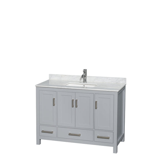 Wyndham Collection Sheffield 48" Single Bathroom Vanity in Gray, White Carrara Marble Countertop, Undermount Square Sink, and No Mirror