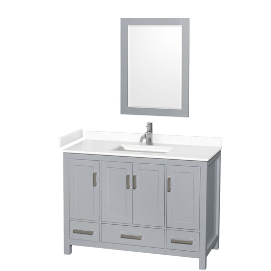 Wyndham Collection Sheffield 48" Single Bathroom Vanity in Gray, White Cultured Marble Countertop, Undermount Square Sink, 24" Mirror