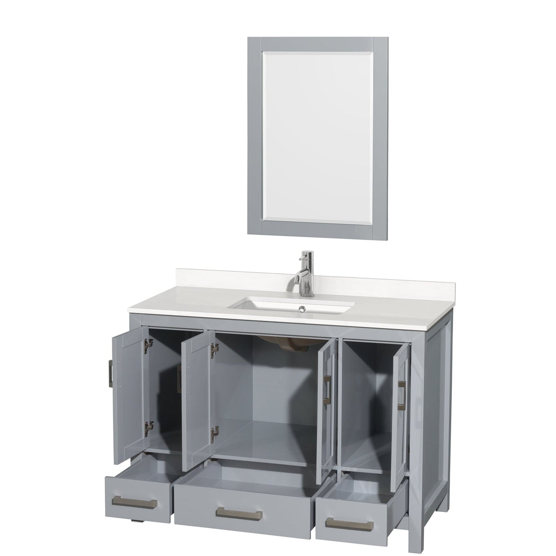 Wyndham Collection Sheffield 48" Single Bathroom Vanity in Gray, White Quartz Countertop, Undermount Square Sink, 24" Mirror