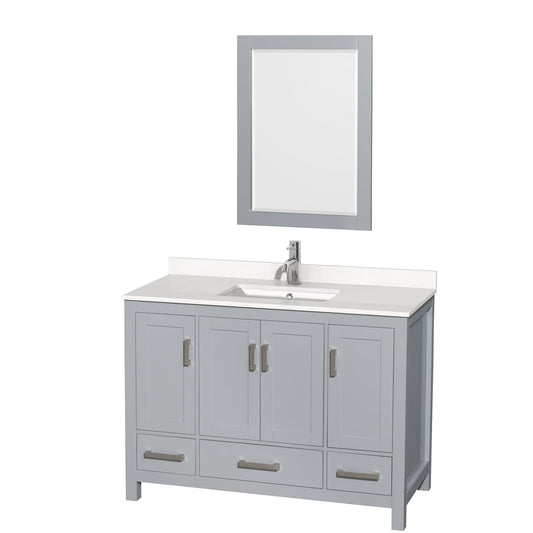 Wyndham Collection Sheffield 48" Single Bathroom Vanity in Gray, White Quartz Countertop, Undermount Square Sink, 24" Mirror
